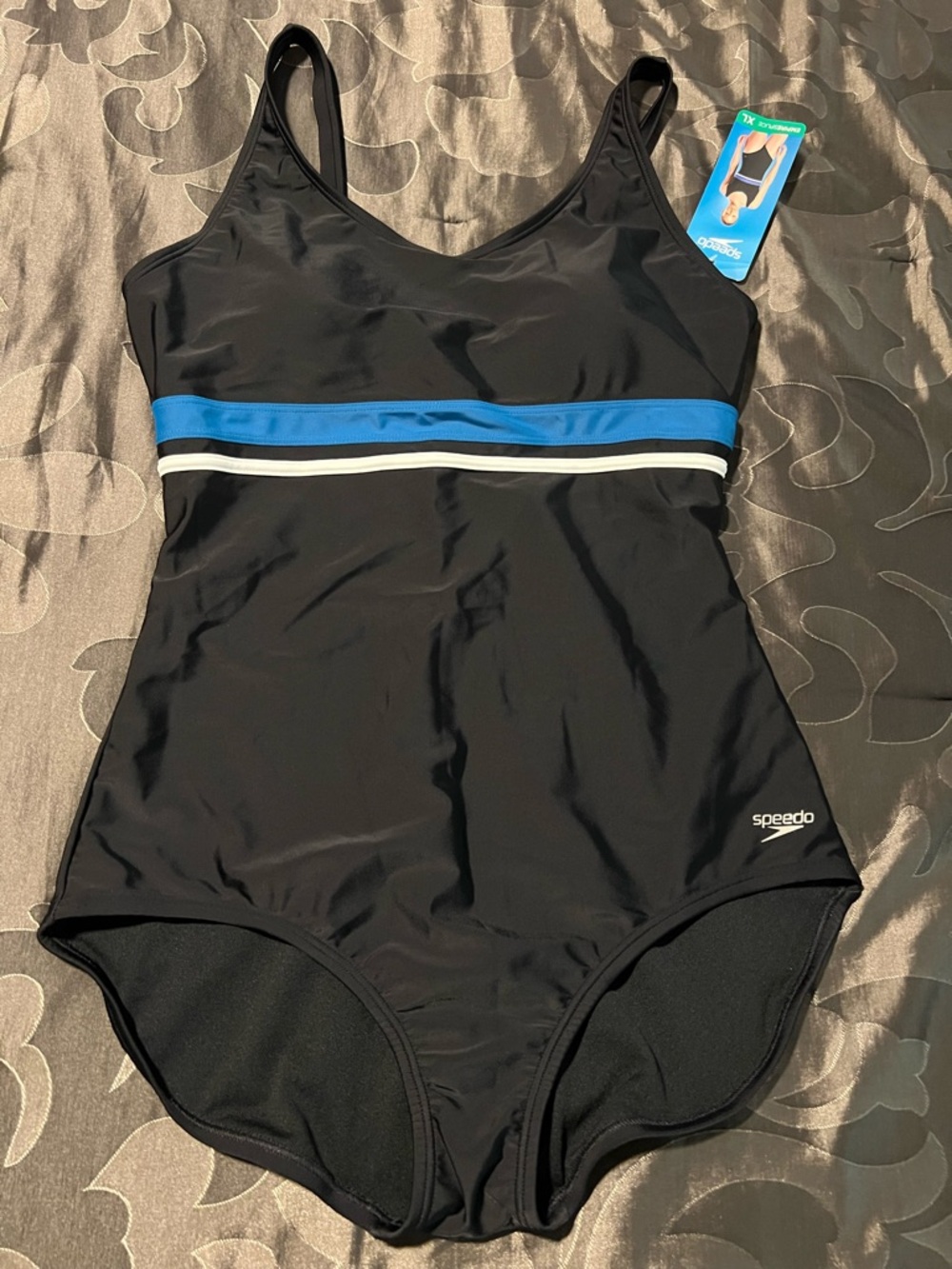 NWT Speedo Sporty Women's Empire Splice Striped One Piece Logo Swimsuit XL BLACK